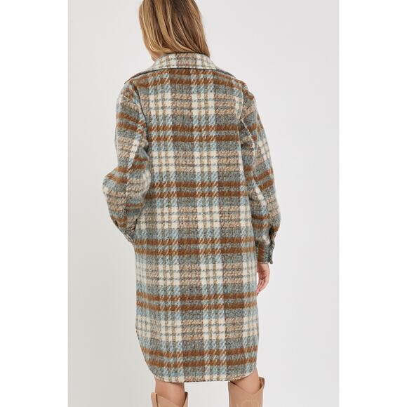 Sweet Lovely By Jen PLAID COAT SHACKET Teal Brown - Picture 2 of 7